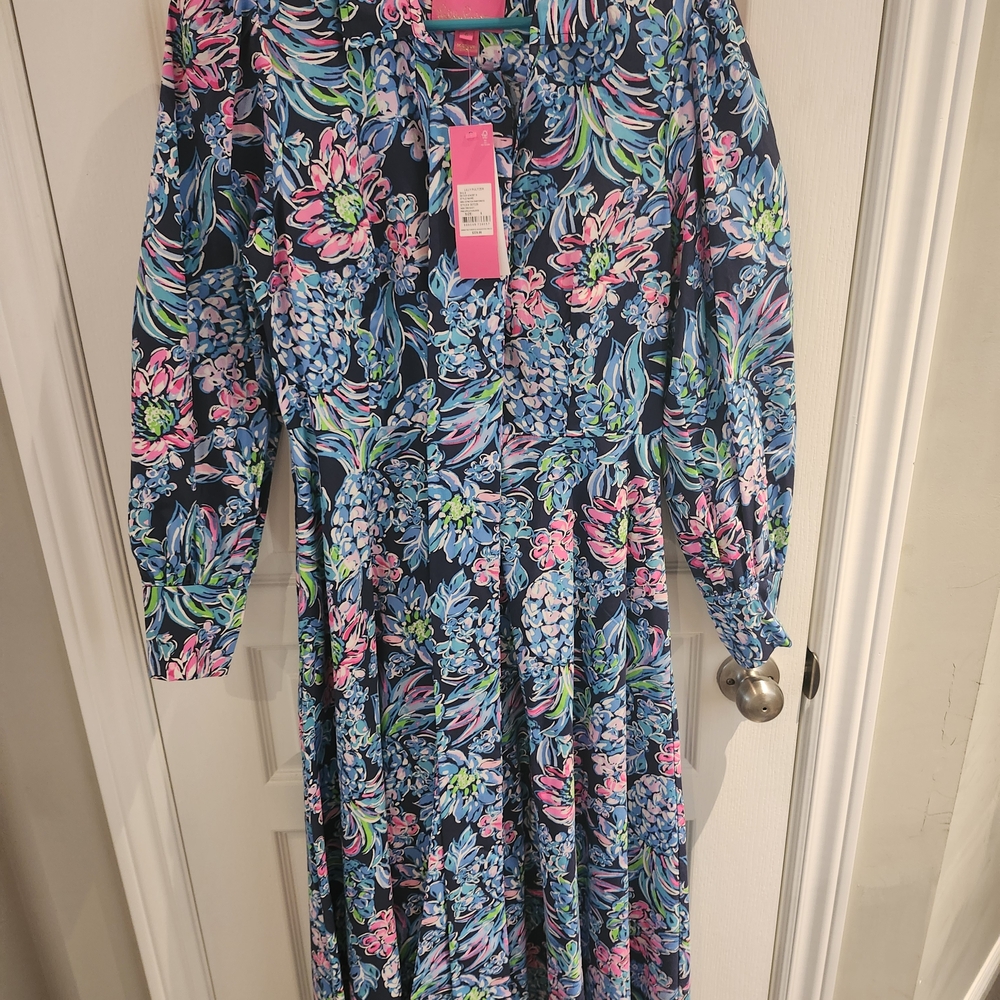 Lilly Pulitzer Mira Stretch Shirtdress in Navy and Pink Floral